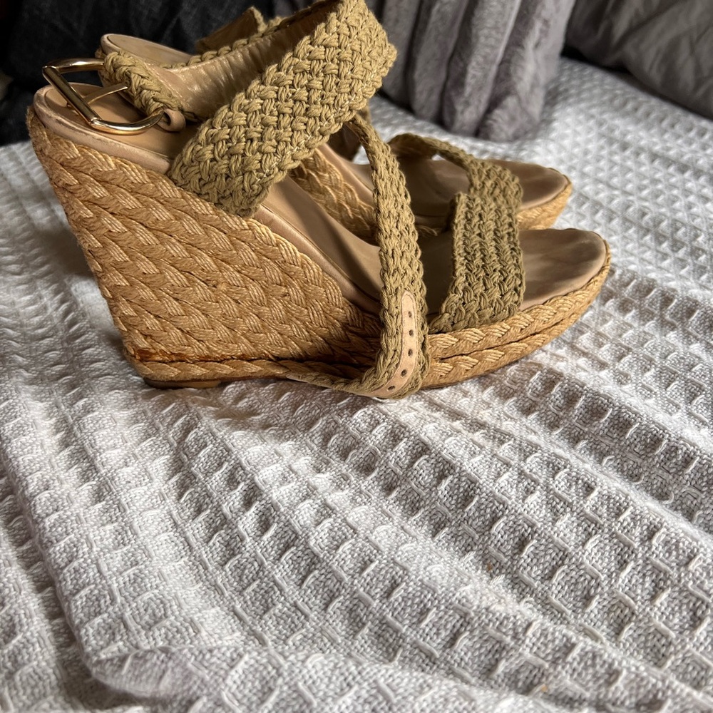 Stuart Weitzman Tan Woven Wedges
